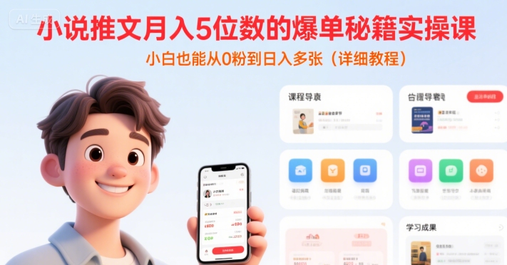 小说推文月入5位数的爆单秘籍实操课，，小白也能从0粉到日入多张(详细教程)-佳腾网赚