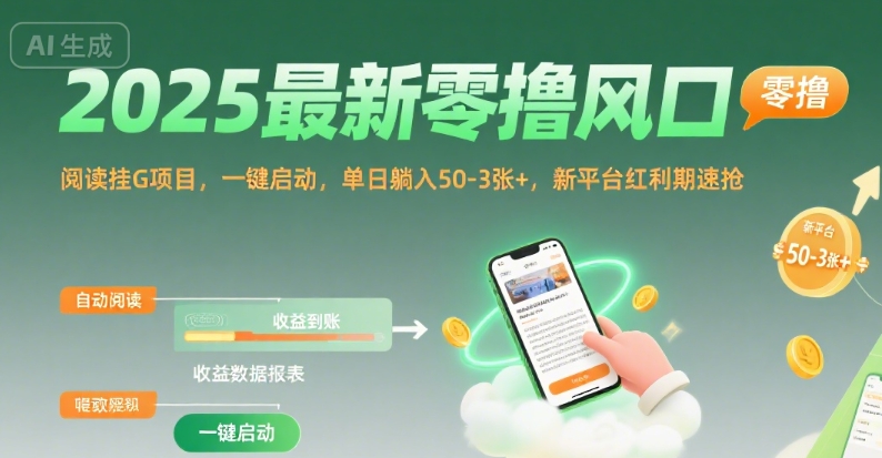 2025最新零撸风口，阅读挂G项目，一键启动，单日躺入 50-3张+，新平台红利期速抢【揭秘】-佳腾网赚