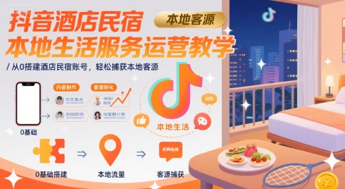 抖音酒店民宿本地生活服务运营教学，从0搭建酒店民宿账号，轻松捕获本地客源-佳腾网赚