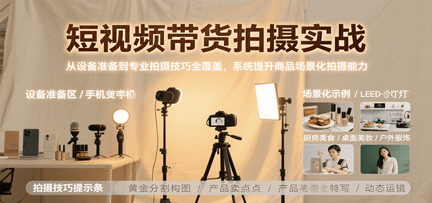 短视频带货拍摄实战，从设备准备到专业拍摄技巧全覆盖，系统提升商品场景化拍摄能力-佳腾网赚