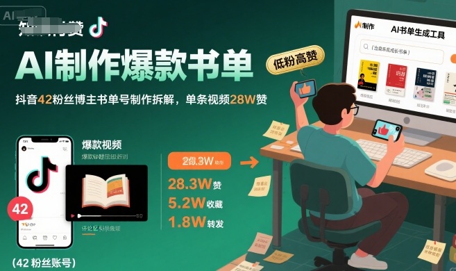 AI制作爆款书单，抖音42粉丝博主书单号制作拆解，单条视频28W赞-佳腾网赚