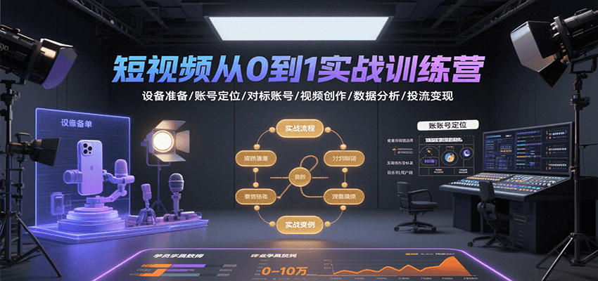 短视频从0到1实战训练营：设备准备/账号定位/对标账号/视频创作/数据分析/投流变现-佳腾网赚