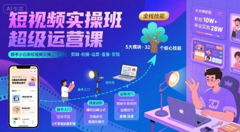短视频实操班超级运营课，新手小白到短视频大神必修课程，剪辑-拍摄-运营-直播-变现-佳腾网赚