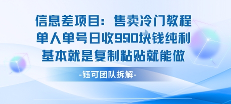 信息差项目：售卖冷门教程单人单号日收9张纯利基本就是复制粘贴就能做-佳腾网赚