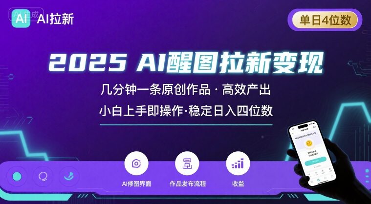 2025最强AI醒图拉新，几分钟一条原创作品，单日收入4位数，小白也能上手操作-佳腾网赚