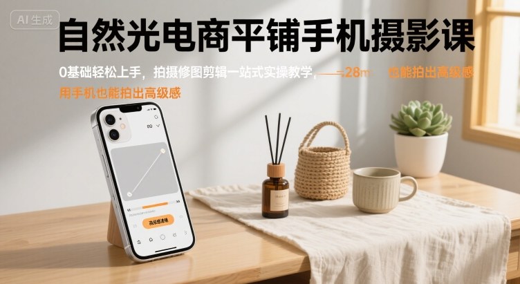 自然光电商平铺手机摄影课，0基础轻松上手，拍摄修图剪辑一站式实操教学，用手机也能拍出高级感-佳腾网赚