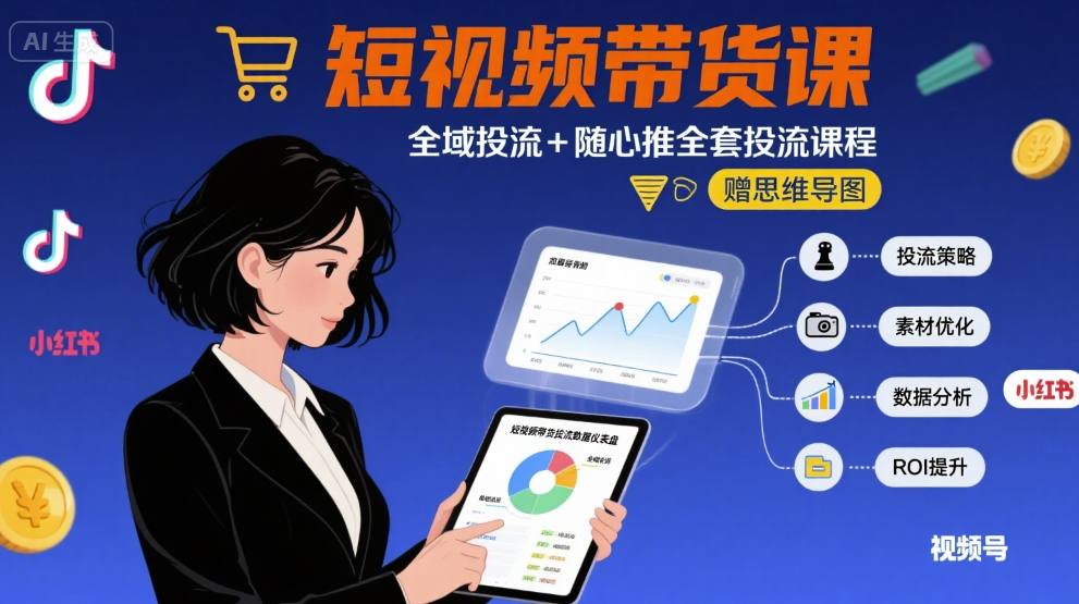 最新短视频带货课，全域投流+随心推全套投流课程+思维导图-佳腾网赚