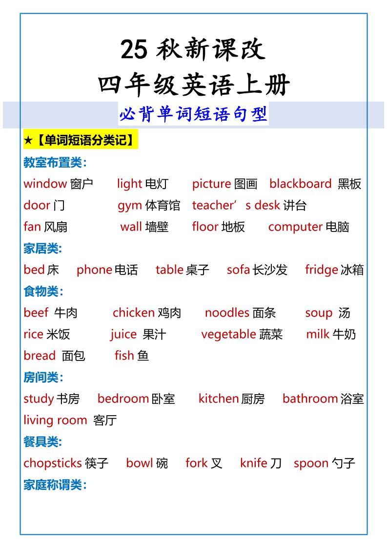 【2025秋新版】四年级英语上册必背单词短语句型-佳腾网赚