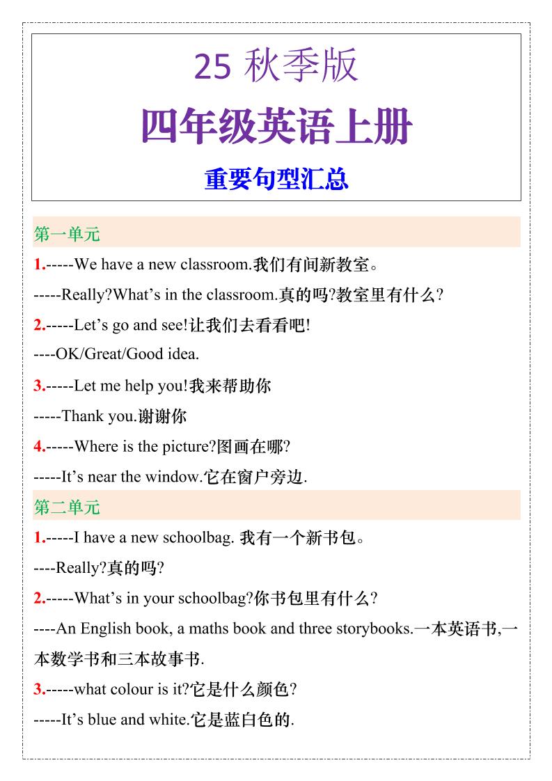 【2025秋新版】四年级英语上册重要句型汇总-佳腾网赚