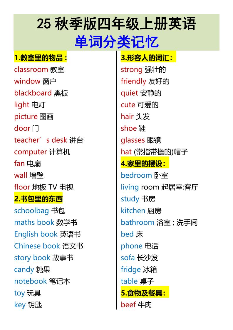 【2025秋新版】四年级上册英语•单词分类记忆-佳腾网赚