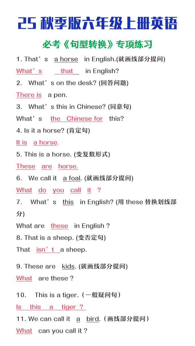 【2025秋新版】六年级上册英语必考句型转换-佳腾网赚
