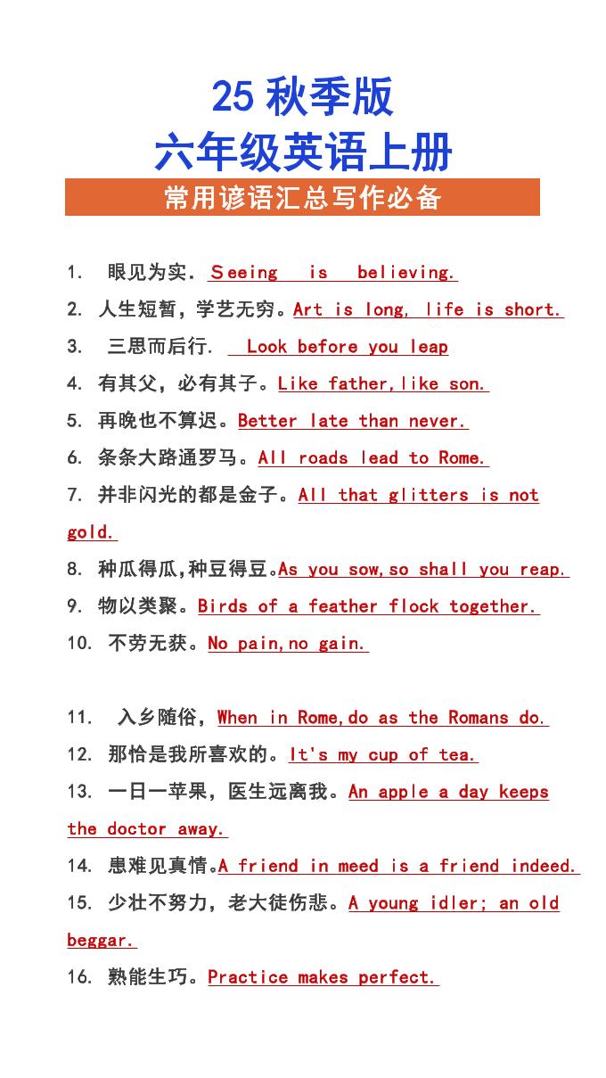 【2025秋新版】六年级上册英语常用谚语汇总写作必备-佳腾网赚