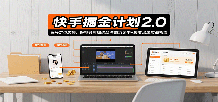 快手掘金计划2.0，账号定位装修、短视频剪辑选品与磁力金牛+裂变出单实战指南-佳腾网赚