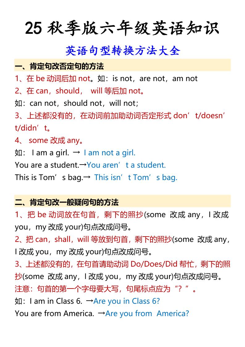 【2025秋新版】六年级上册英语英语句型转换方法大全-佳腾网赚