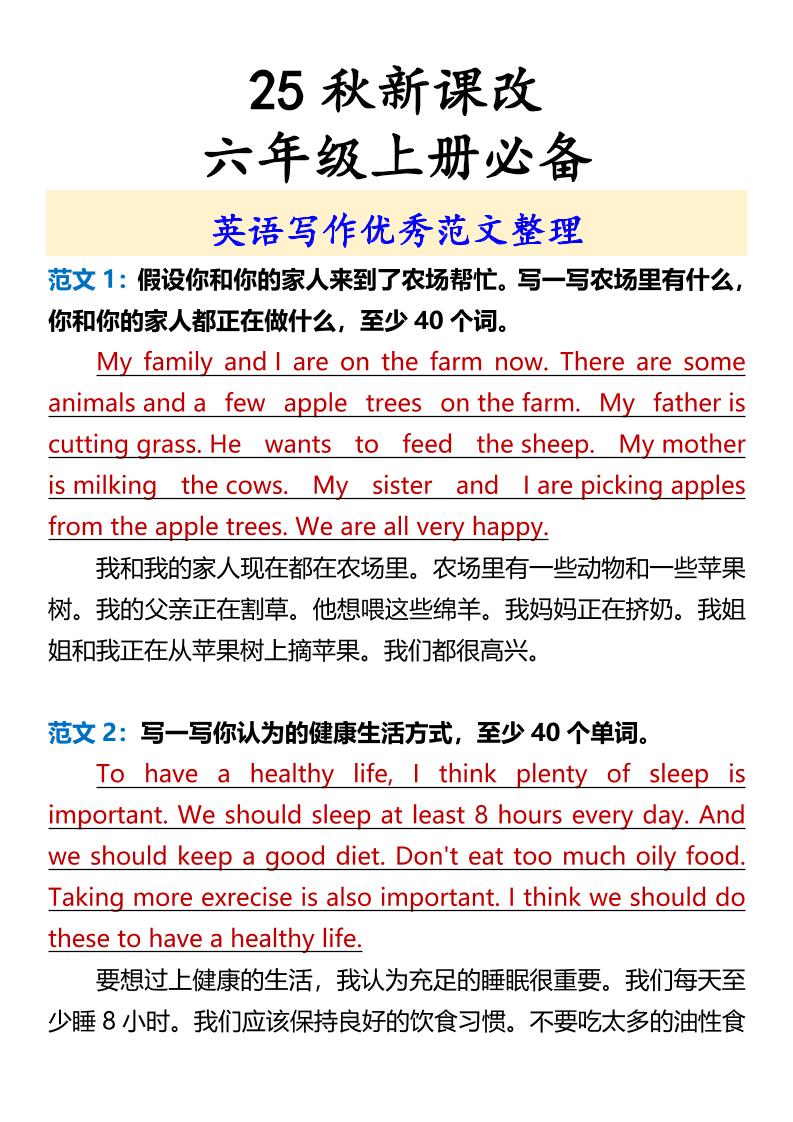 【2025秋新版】六年级上册必备英语写作优秀范文整理-佳腾网赚
