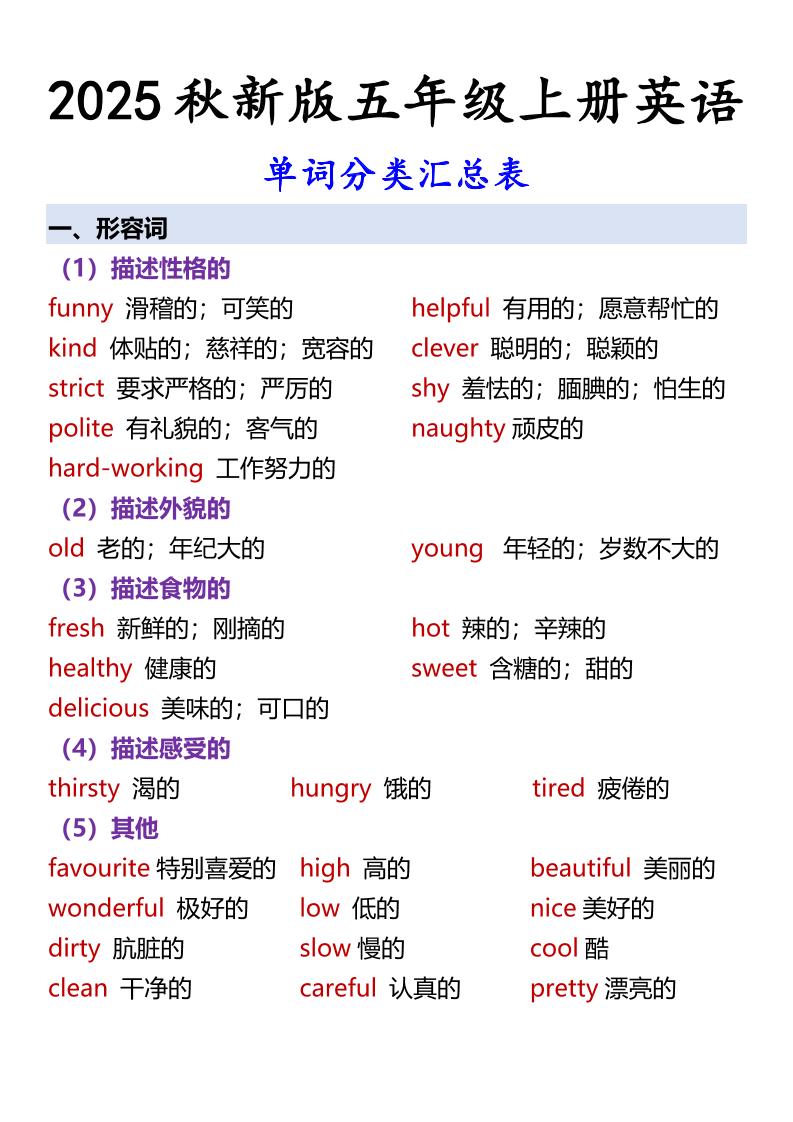 【2025秋新版】五年级上册英语单词分类汇总表-佳腾网赚