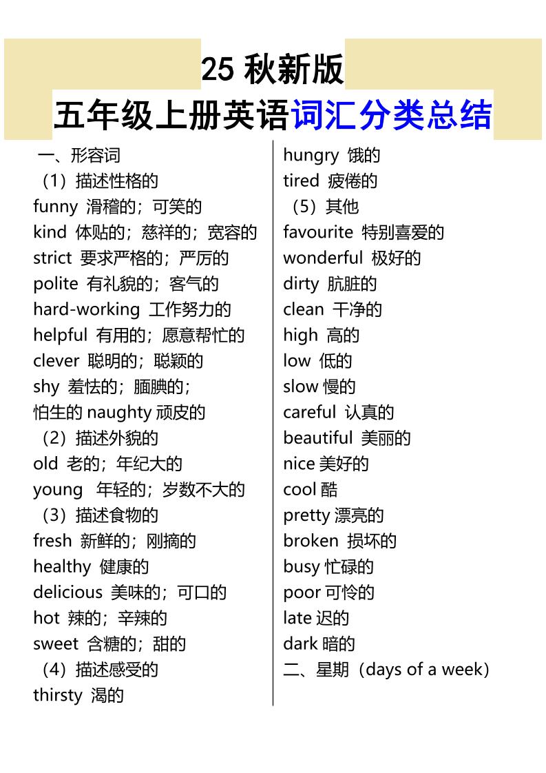 【2025秋新版】五年级上册英语词汇分类总结-佳腾网赚