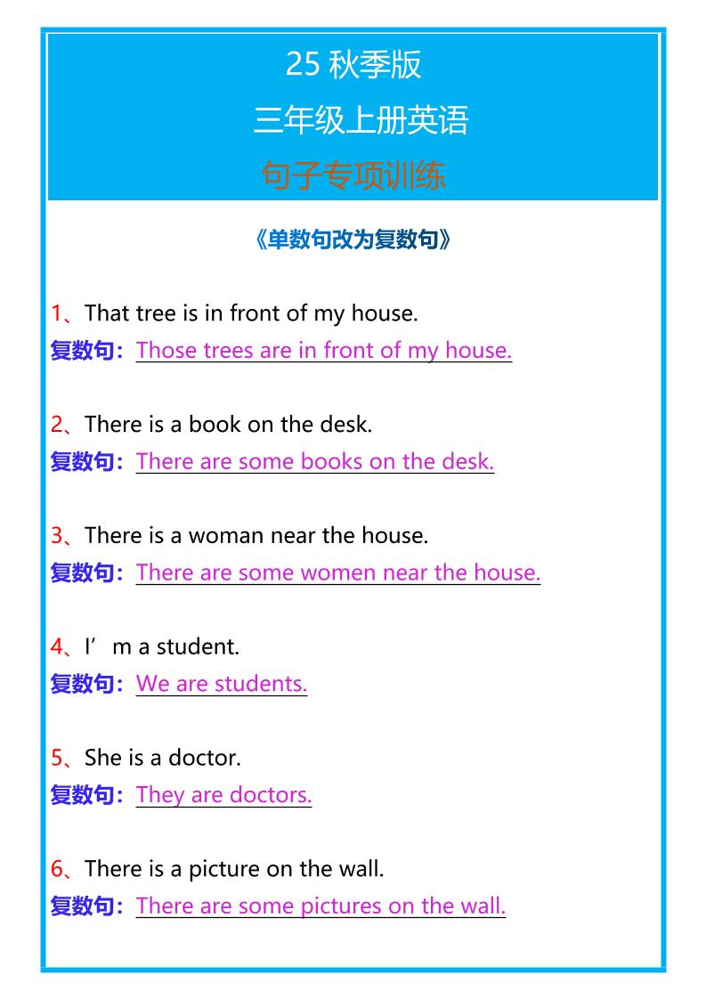 【2025秋新版】三年级上册英语句子专项训练-佳腾网赚