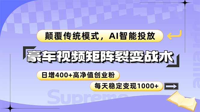 豪车视频矩阵裂变战术，颠覆传统模式，AI智能投放，日增400+高净值创业...-佳腾网赚