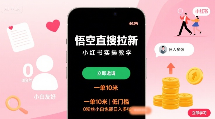 悟空直搜拉新小红书实操教学，一单10米，低门槛，0粉丝小白也能日入多张-佳腾网赚