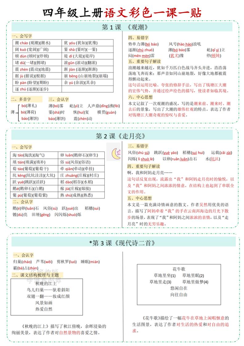 四年级上语文彩色一课一贴-佳腾网赚