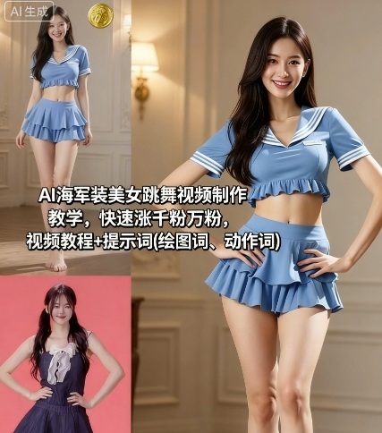 AI海军装美女跳舞视频制作教学，快速涨千粉万粉，视频教程+提示词(绘图词、动作词)-佳腾网赚