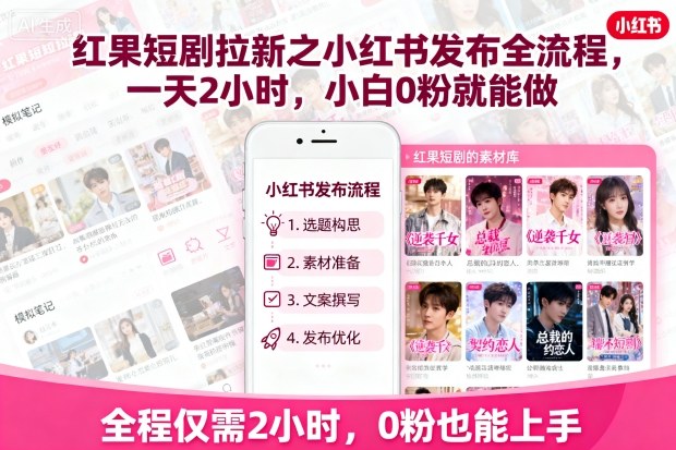 红果短剧拉新之小红书发布全流程，一天2小时，小白0粉就能做-佳腾网赚
