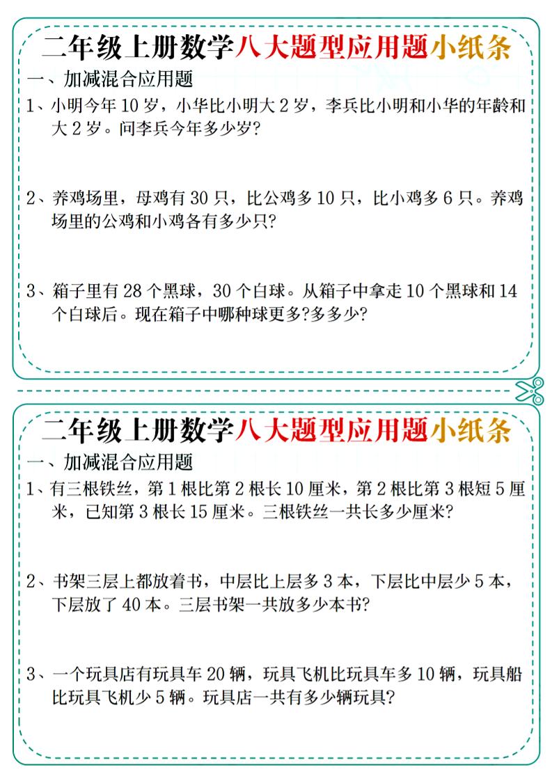 二年级上数学八大题型应用题小纸条-佳腾网赚
