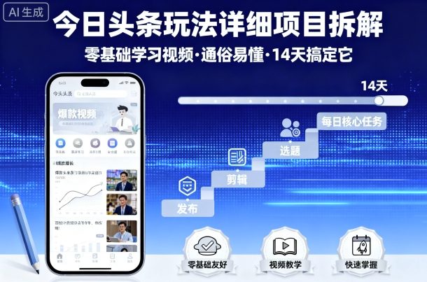 今日头条玩法详细项目拆解，零基础学习视频 通俗易懂 14天搞定它-佳腾网赚