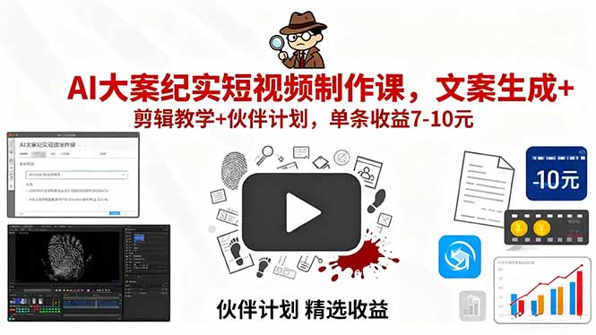 AI大案纪实短视频制作课，文案生成+剪辑教学+伙伴计划，单条收益7-10元-佳腾网赚