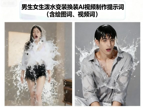 男生女生泼水变装换装AI视频制作提示词(含绘图词、视频词)-佳腾网赚