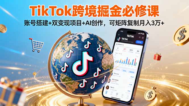 TikTo跨境掘金必修课，账号搭建+双变现项目+AI创作，可矩阵复制月入3万+-佳腾网赚