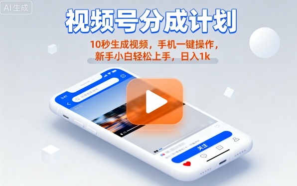 视频号分成计划懒人玩法，10秒生成视频，手机一键操作，新手小白轻松上手，日入1K【揭秘】-佳腾网赚