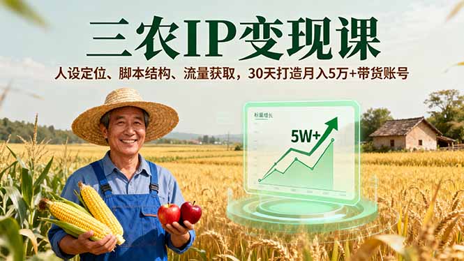 三农IP变现课，人设定位、脚本结构、流量获取，30天打造月入5万+带货账号-佳腾网赚