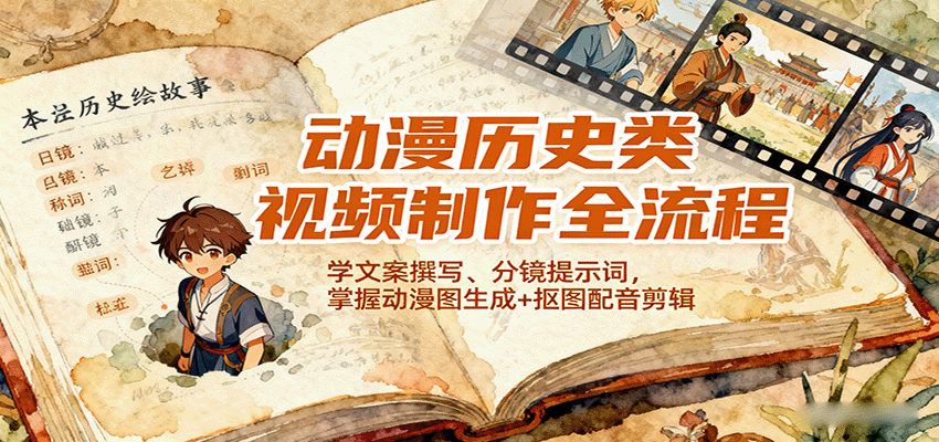 动漫历史类视频制作全流程，学文案撰写、分镜提示词，掌握动漫图生成+抠图配音剪辑-佳腾网赚
