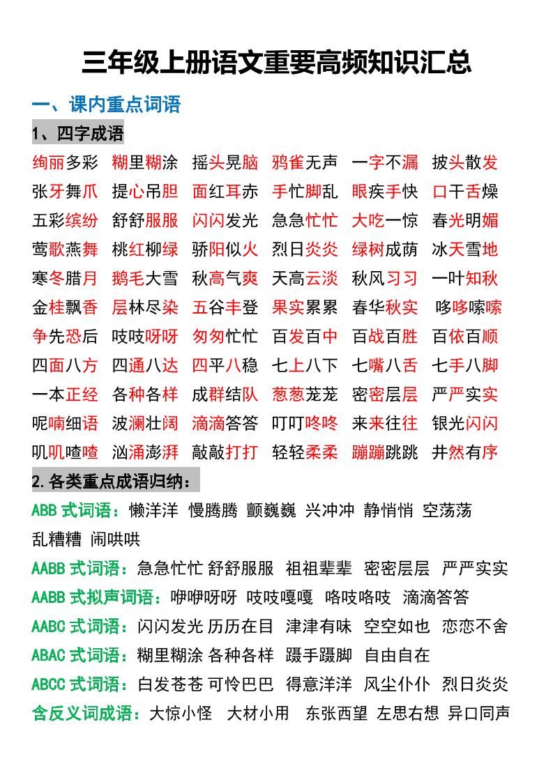三年级上册语文重要高频知识汇总-佳腾网赚