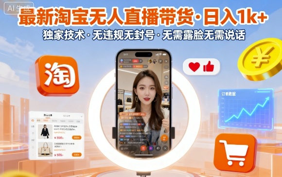 最新淘宝无人直播带货，日入1k+，独家技术，无违规无封号，无需露脸无需说话【揭秘】-佳腾网赚
