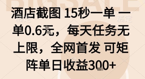 酒店截图15秒一单，一单0.6米，每天任务无上限，全网首发可矩阵单日收益3张【揭秘】-佳腾网赚