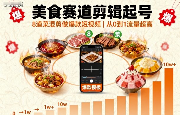 美食赛道剪辑起号，8道菜混剪做爆款短视频，从0到1，流量超高-佳腾网赚