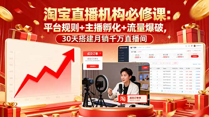 淘宝直播机构必修课：平台规则/主播孵化/流量爆破,30天搭建月销千万直播间-佳腾网赚