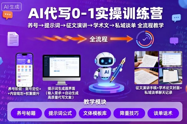 AI代写0-1实操训练营，从养号、提示词、征文演讲、学术文，到私域谈单的全流程教学-佳腾网赚