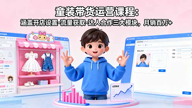 童装带货运营课程：涵盖开店设置-流量获取-达人合作三大模块，月销百万+-佳腾网赚