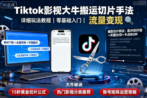 Tiktok影视大牛搬运切片手法，详细玩法教程-佳腾网赚