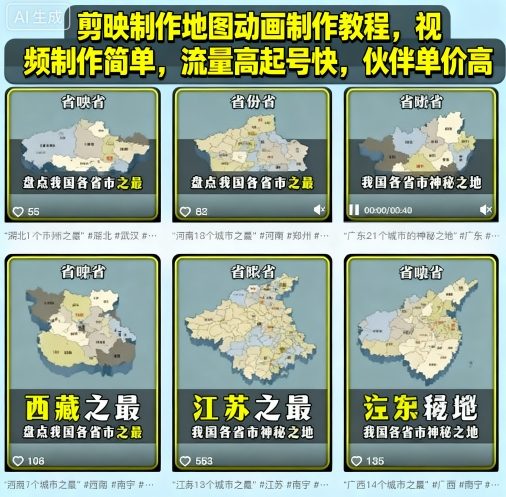 剪映制作地图动画制作教程，视频制作简单，流量高起号快，伙伴单价高-佳腾网赚