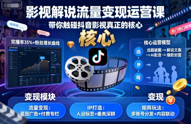 影视解说流量变现运营课，带你触碰抖音影视真正的核心-佳腾网赚