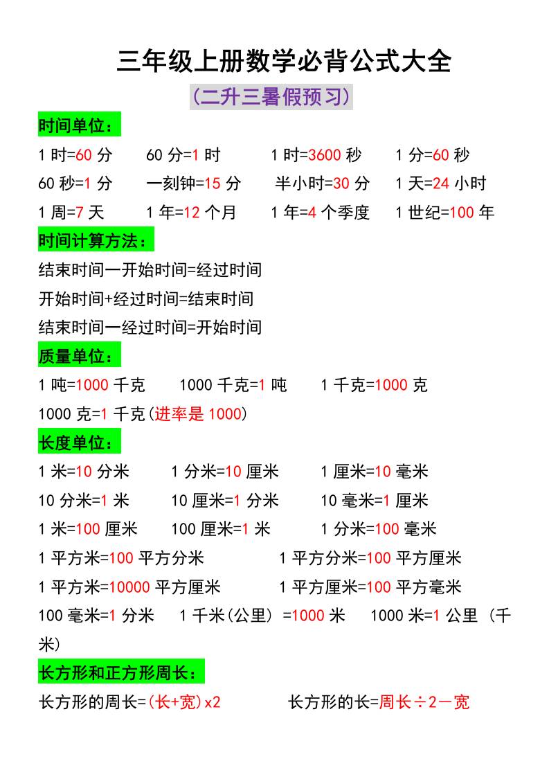 三年级上册数学必背公式大全-佳腾网赚