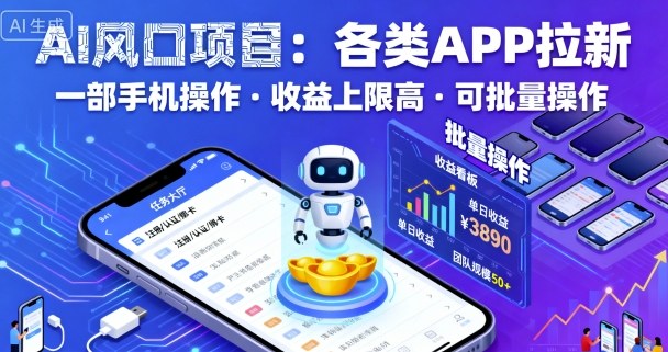 AI风口项目，各类APP拉新，一部手机就可以操作，收益上限高，可批量操作-佳腾网赚