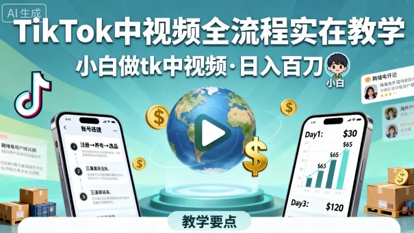 TikTok中视频全流程实操教学，小白做tk中视频，日入百刀-佳腾网赚