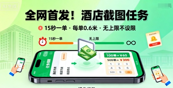 全网首发！酒店截图任务，15秒一单，每单0.6米，任务无上限不设限，矩阵操作单日3张到手【揭秘】-佳腾网赚