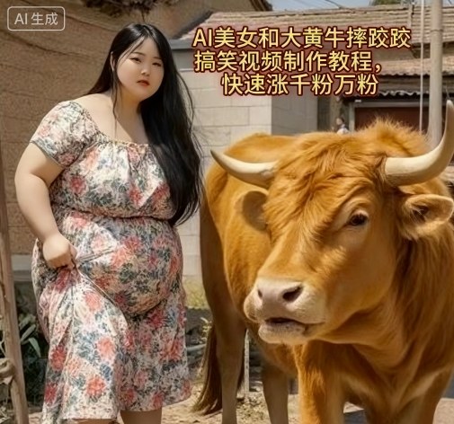 AI美女和大黄牛摔跤搞笑荒诞视频制作教程，快速涨千粉万粉-佳腾网赚